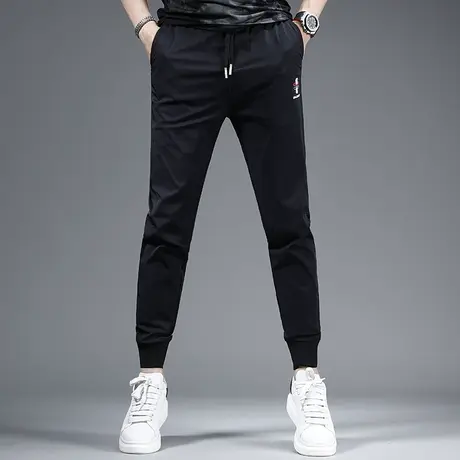 2023夏季新款黑色裤子男休闲裤冰丝薄款修身束脚松紧腰男生裤子商品大图