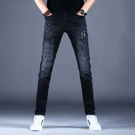 2023百搭新款牛仔裤男黑色时尚修身刺绣小脚裤棉弹男潮牌休闲百搭商品大图