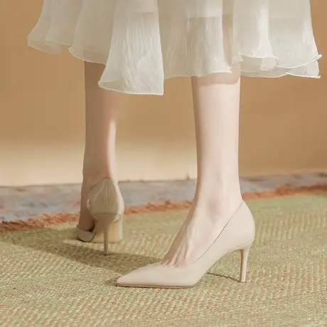 2023年夏季新款气质纯色职业不累脚尖头细跟高跟鞋浅口一脚蹬单鞋图片