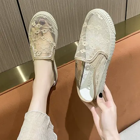 网红蕾丝网纱包头半拖鞋女夏外穿2023爆款无后跟小香风厚底渔夫鞋商品大图