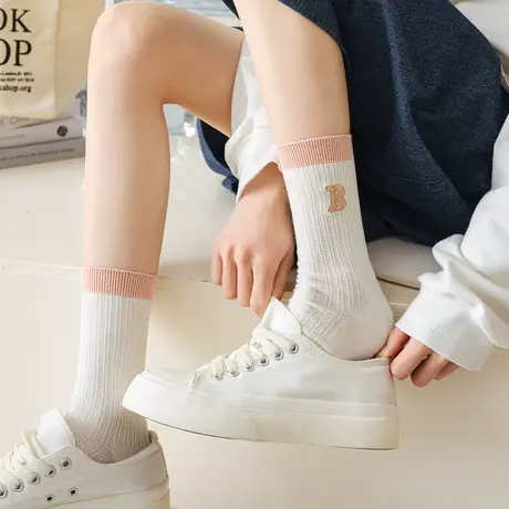 粉色白色条纹袜子女春秋款中长筒堆堆棉袜女孩大童配板鞋小白鞋的商品大图