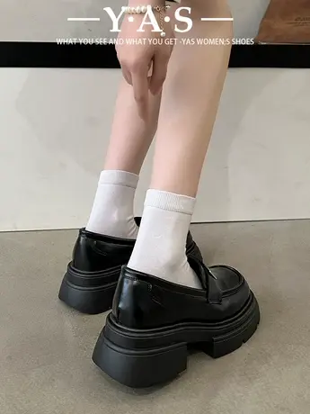 复古英伦风黑色厚底小皮鞋女2024春季新款粗跟百搭一脚蹬乐福单鞋商品大图