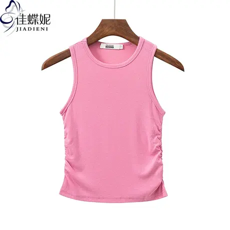 夏季新款圆领修身短款纯欲露脐褶皱辣妹纯棉纯色背心上衣女打底衫图片