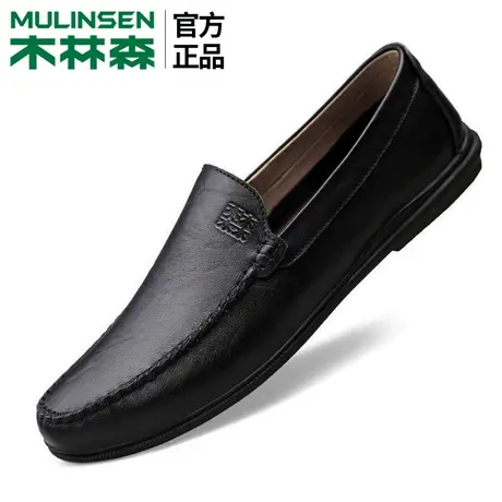 木林森男鞋中年男士爸爸浅口软面皮鞋男真皮软底软皮平底休闲款黑图片