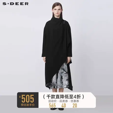 sdeer圣迪奥冬季高领皮扣不规则黑色毛呢大衣女S21481702图片