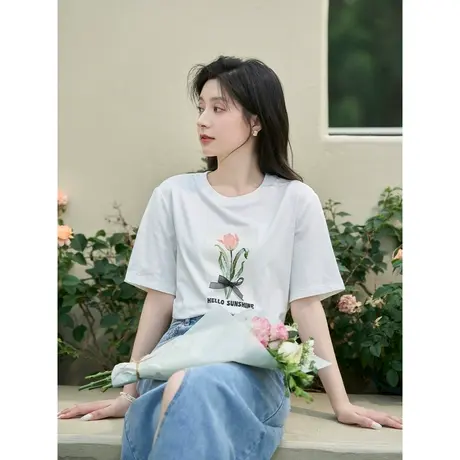 茵曼小众设计立体郁金香花朵T恤2023夏女装新款圆领短袖宽松上衣图片