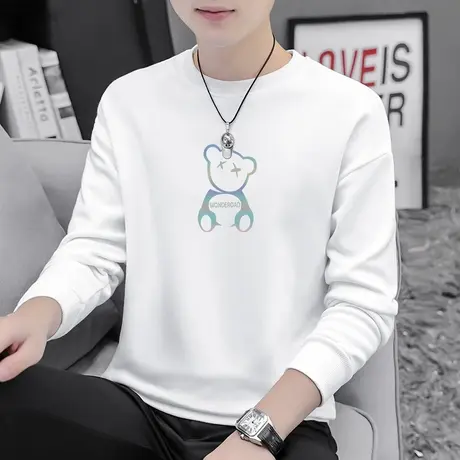 白色卫衣男宽松潮流百搭小熊印花秋季上衣加绒青少年套头无帽长袖商品大图