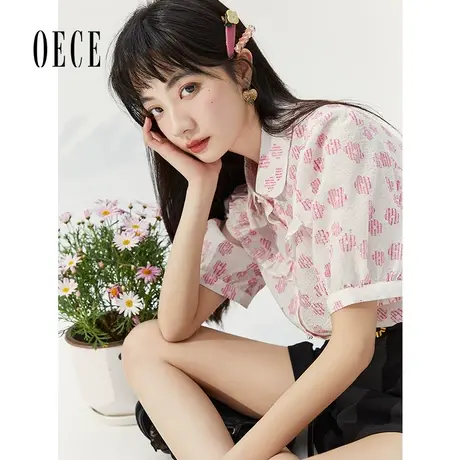 Oece温柔碎花衬衫年夏季新款女装复古气质上衣设计感短袖衬衣图片