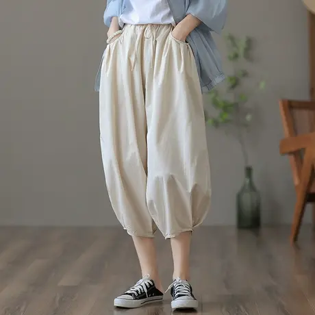 dza 高腰显瘦白色宽松阔腿裤子女夏薄款休闲七分裤直筒哈伦老爹裤商品大图