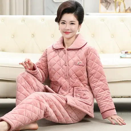 睡衣女冬季三层加厚加绒珊瑚绒夹棉保暖中老年妈妈大码家居服套装商品大图