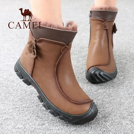Camel/骆驼女鞋冬季加绒保暖真头层牛皮中年平底舒适休闲妈妈靴子图片