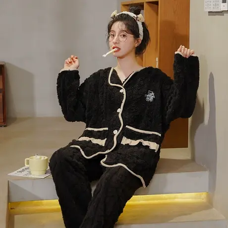 睡衣女珊瑚绒加绒加厚拉链冬款法兰绒冬季家居服套装2023新款秋冬图片