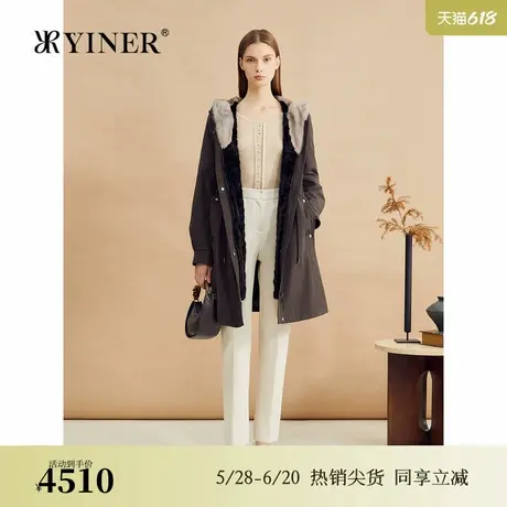 YINER音儿专选2024冬季新款中长款抽绳收腰水貂毛连帽派克服皮草图片