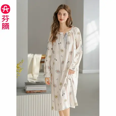 芬腾睡裙女春秋纯棉长袖睡衣可爱布朗熊宽松中长款大码全棉家居服图片