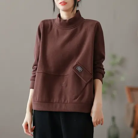 dza 文艺复古半高领加厚加绒卫衣女士冬季短款百搭大口袋宽松上衣商品大图