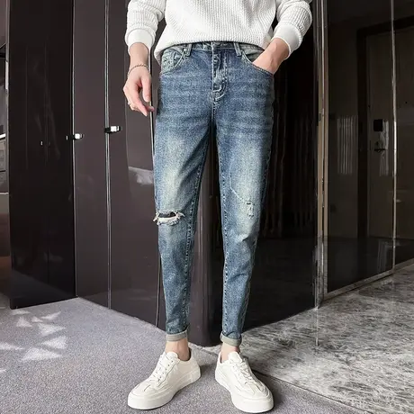 2023秋季新款个性破洞刺绣牛仔裤男潮高街乞丐补丁小脚裤修身长裤图片