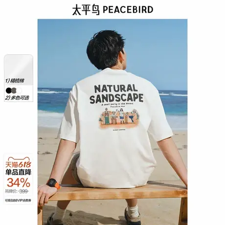 【晚心联名】太平鸟男装重磅刺绣短袖T恤夏新款后背印花青年体恤商品大图