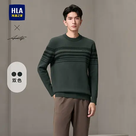 HLA/海澜之家轻商务稍厚条纹针织衫24秋冬新款印花圆领保暖毛衣男图片