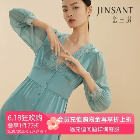 金三塔春夏新品 真丝V领睡裙100%桑蚕丝时尚性感家居服睡衣女商品大图