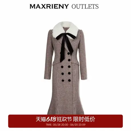 【奥莱】MAXRIENY格纹鱼尾双面呢大衣廓形复古外套女大衣图片