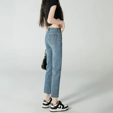 复古蓝宽松直筒牛仔裤女2023年秋季新款修身显瘦弹力小个子烟管裤图片