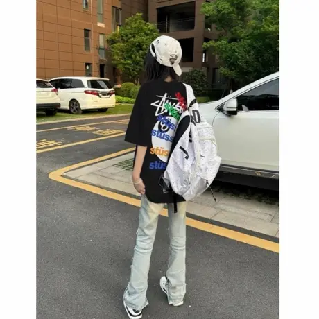 美式高街纯棉夏季短袖t恤女新款宽松oversize爆款黑8台球情侣上衣图片