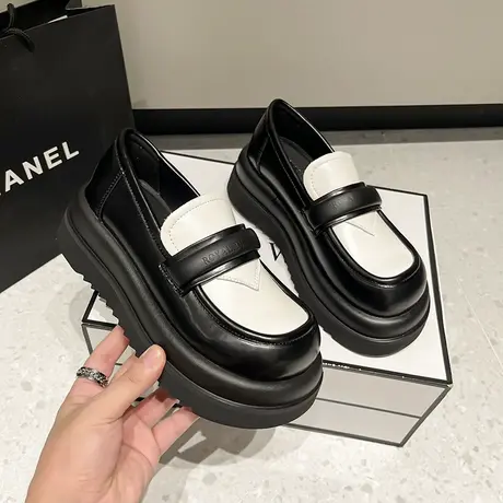 一脚蹬黑色增高乐福鞋2023春季新款ins百搭小个子厚底小皮鞋女单商品大图