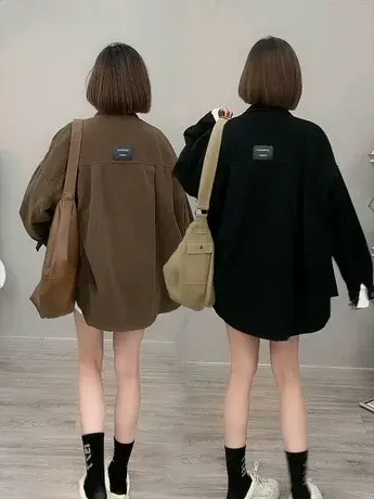 黑色牛仔衬衫女2023春秋外穿宽松高级感上衣网红爆款长袖中长外套商品大图