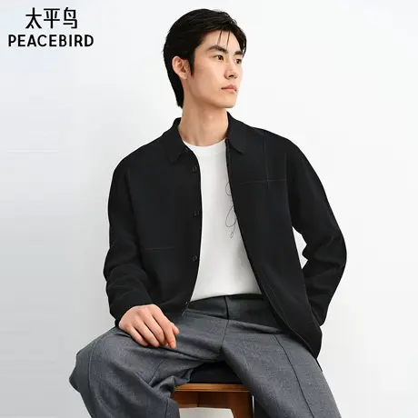 【商场同款】太平鸟男装 黑色开衫翻领刺绣针织衫毛衣男B1EAF3316商品大图
