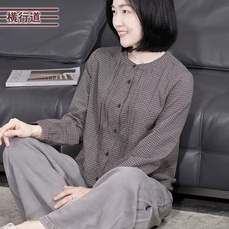 早秋圆领通勤长袖复古格子开衫女秋新款宽松休闲百搭纯棉衬衣外套商品大图