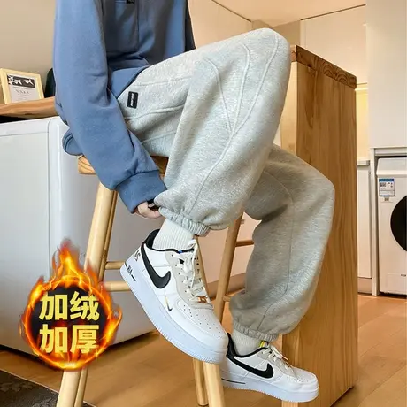 唐狮秋冬新款男休长裤加绒运动卫裤拼接束脚裤潮流百搭直筒裤子W商品大图