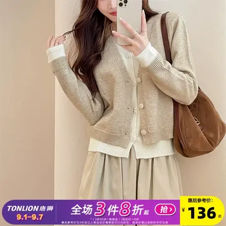 唐狮2025秋冬毛衣女撞色假两件V领针织开衫女春秋外套高级感气质商品大图