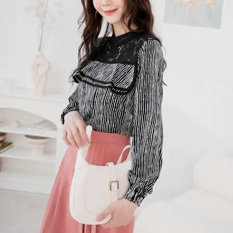 桔熊春秋季通勤复古蕾丝拼条纹衫泡泡袖上衣女胖妹妹大码AB13904图片