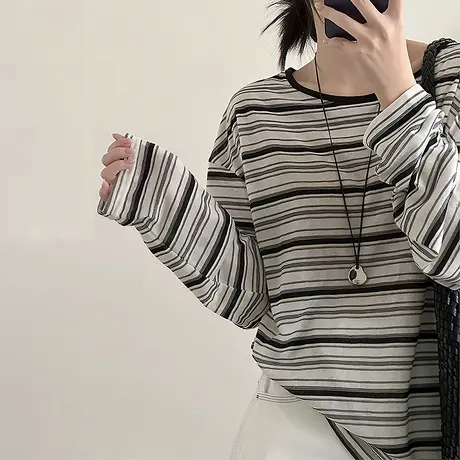 美式撞色条纹长袖T恤女春秋季韩版宽松薄款打底衫内搭可外穿上衣商品大图