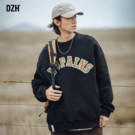 男士重磅黑色卫衣男秋季潮牌圆领上衣2023新款美式刺绣情侣装外套商品大图