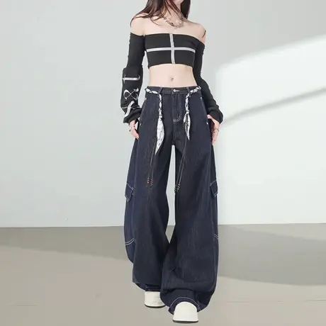 牛仔工装裤女秋季新款高腰弯刀裤宽松显瘦垂感美式多口袋阔腿裤子商品大图
