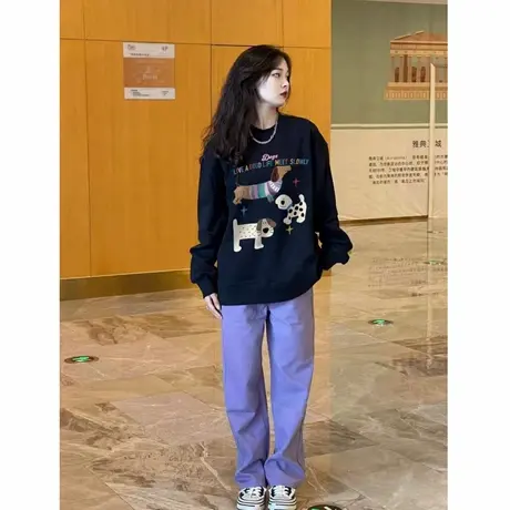 慵懒风藏蓝色卫衣女2025新款时尚百搭洋气宽松减龄小狗印花上衣潮商品大图