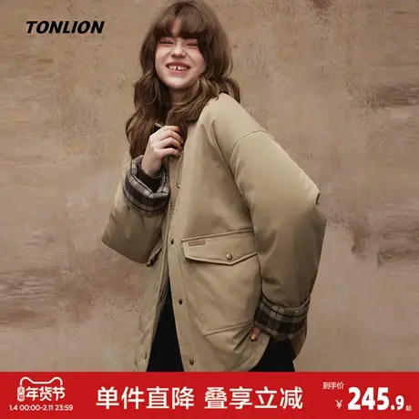 唐狮2026秋冬季短款棉衣女灯芯绒翻领拼接格纹袖口设计感时尚百搭图片