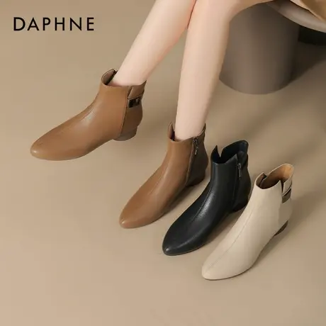 达芙妮羊皮短靴子2026新款爆款尖头瘦瘦靴女秋冬粗跟切尔西马丁靴商品大图