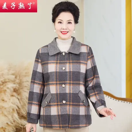 2023冬季新款妈妈装夹棉保暖外套气质格子中老年人女装毛呢棉袄服图片