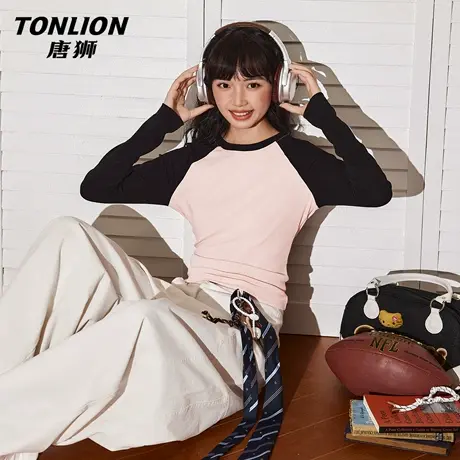 唐狮官方撞色长袖t恤女2026新款春季修身显瘦打底衫纯欲短上衣VC图片