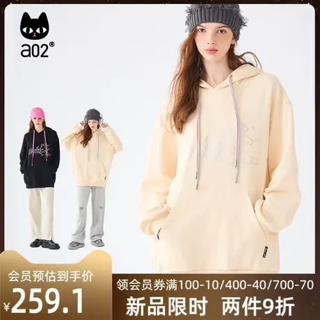 a02加绒秋冬连帽套头卫衣女款猫耳宽松印花美式卡通潮流长袖上衣商品大图