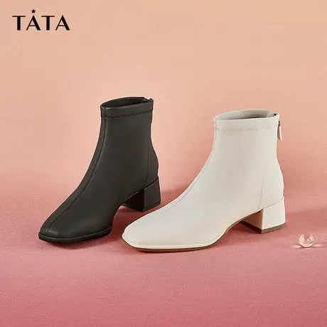 Tata他她白色弹力时装靴短靴冬加绒瘦瘦靴女靴2023新款图片