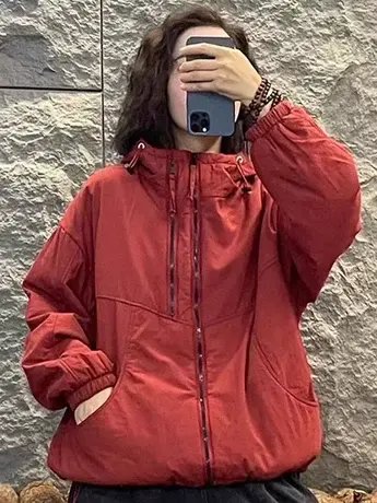 2023年秋冬新款复古纯色连帽棉衣女宽松休闲显瘦简约百搭拉链外套商品大图