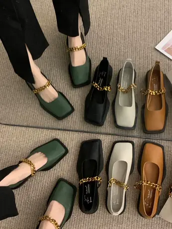 复古方头乐福鞋女秋冬季2023新款金属链条英伦风单鞋玛丽珍小皮鞋商品大图