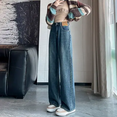 直筒牛仔裤女2023年春秋新款宽松显瘦高腰复古窄版加长垂感阔腿裤商品大图