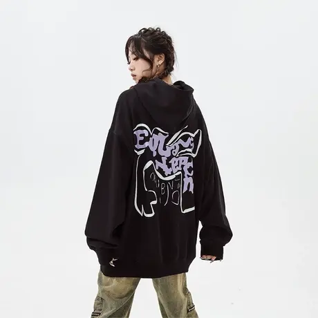 YEP黑色复古加绒连帽卫衣女秋冬2023年新款潮牌宽松oversize外套商品大图