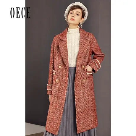 【买1送1】Oece秋冬装新款复古英伦中长款人字呢大衣女毛呢外套图片