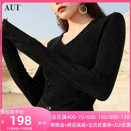 AUI黑色百搭气质v领针织衫女2023秋冬新款高级感内搭修身保暖上衣图片