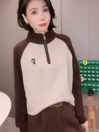 立领德绒卫衣女2023秋冬新款加绒加厚小众绣花拼色韩版百搭上衣潮图片